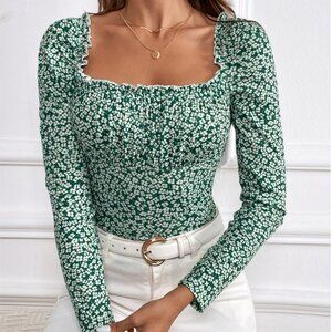 Green Floral Square Neck Top – Long Sleeve Fitted Blouse